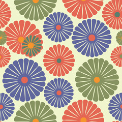 A seamless repeating pattern of stylized chrysanthemum flowers in coral, teal, and orange hues on a pale yellow background.