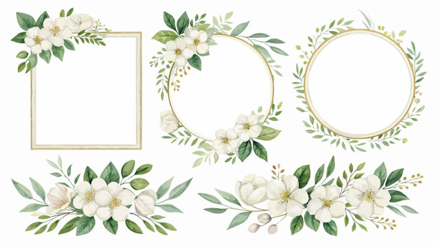 Elegant floral frames and borders with white flowers and green leaves for wedding invitations and designs