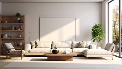 Bright living room featuring a large white sofa, wooden coffee table, bookshelf, and a blank picture frame.