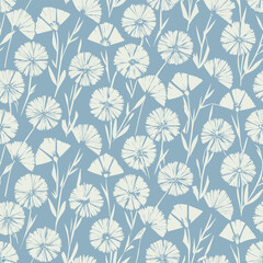 Delicate white flower pattern on a soft blue textured background.A seamless repeating pattern of stylized white flowers.