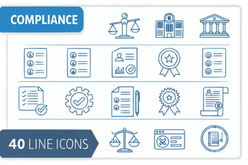Illustration of compliance icons featuring scales, buildings, documents, and checkmarks in line art style