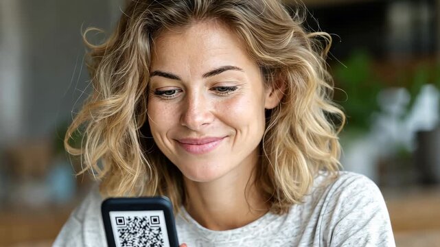 Woman engaging with qr code on smartphone in cozy indoor setting