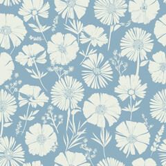 Delicate white flower pattern on a soft blue textured background.A seamless repeating pattern of stylized white flowers.