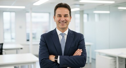Fototapeta premium Confident businessman with arms crossed wearing a dark suit and tie smiling warmly in a modern office environment with bright lighting