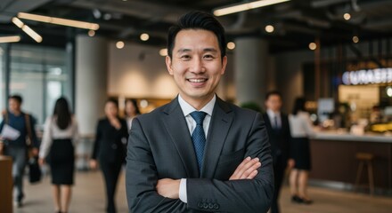 Confident asian businessman with arms crossed smiling at the camera in a modern office environment with colleagues blurred in the background