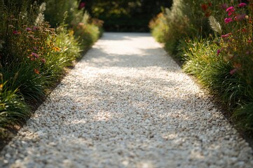 A garden or pathway adorned with a clean layer of tiny white stones, giving a neat and luminous look.