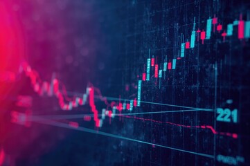 Stock market trading illustrated by candlestick chart showing price trends and points using fundamental and technical analysis concepts