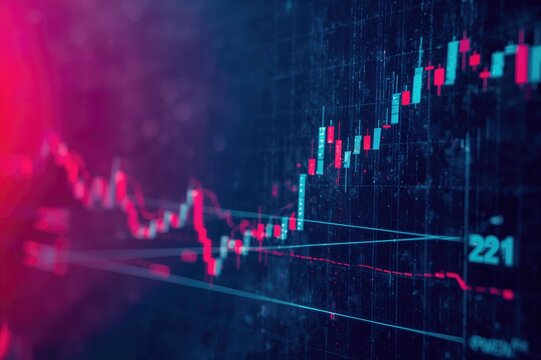 Stock market trading illustrated by candlestick chart showing price trends and points using fundamental and technical analysis concepts