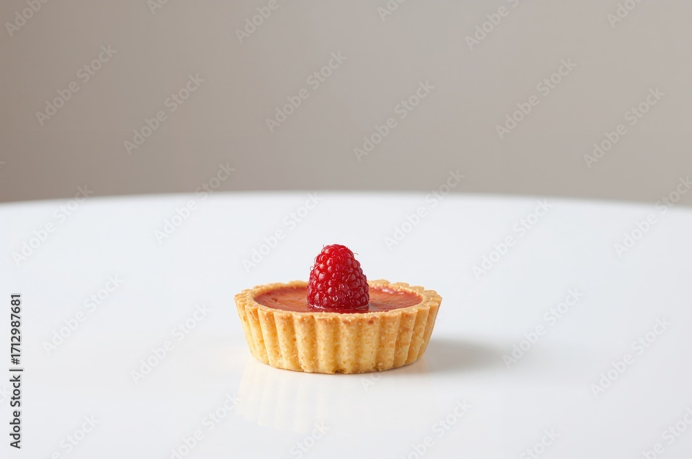 Poster raspberry tart resting on a plain white surface