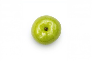 Overhead shot of a single green greengage against a white backdrop with room for text