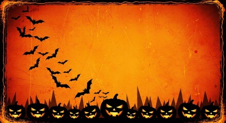 Spooky Halloween Night Background with Flying Bats and Jack O Lanterns