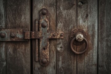 Fototapeta premium Surface of an old wooden door with corroded metal parts. Locked gateway. Concepts of solitude, obstacles, protection, and mystery.