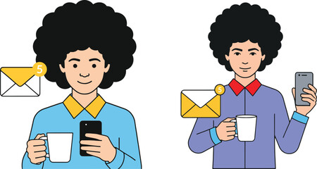 Two People Managing Emails and Using Smartphones While Drinking Coffee Digital Communication and Modern Lifestyle