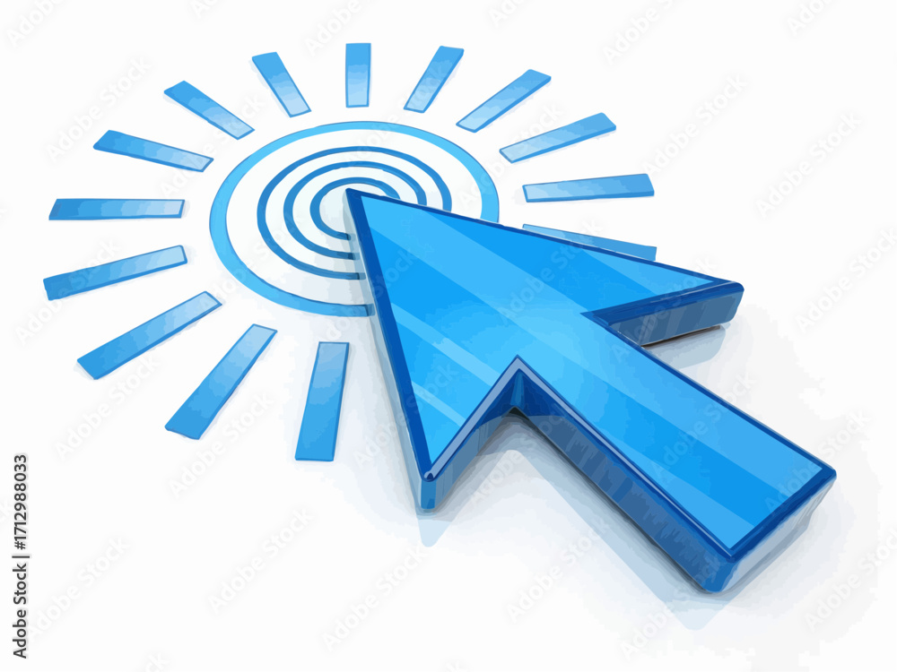 Fototapete a blue arrow cursor pointing towards a target symbol with radiating lines on a white background