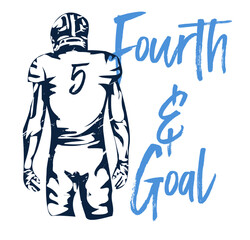 Sketch-style American football player with number 5 in sky blue and navy and bold “Fourth & Goal” lettering. Perfect for sports apparel, team branding, football graphics, fan merchandise.