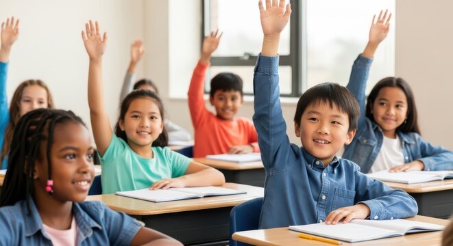 Diverse group of elementary school children raising their hands in a classroom setting eager to answer a question