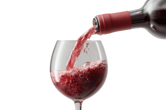 Red wine being poured into a glass with effervescent bubbles, cut out