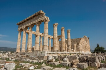 Obraz premium Ancient temple ruins under a clear blue sky, showcasing old marble architecture and stone structures in a scenic landscape