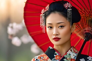 Beautiful geisha holding traditional red umbrella in cherry blossom garden