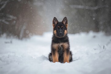 Naklejka premium A young Shepherd dog posing outside during winter