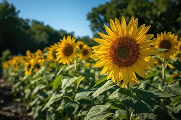 Fototapeta premium Sunflowers thriving under bright sunlight