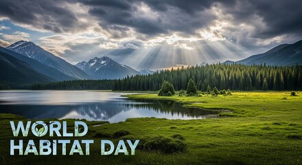 Mountain landscape with lake and forest, bright sun rays, and 'World Habitat Day' text, a visual for environmental preservation