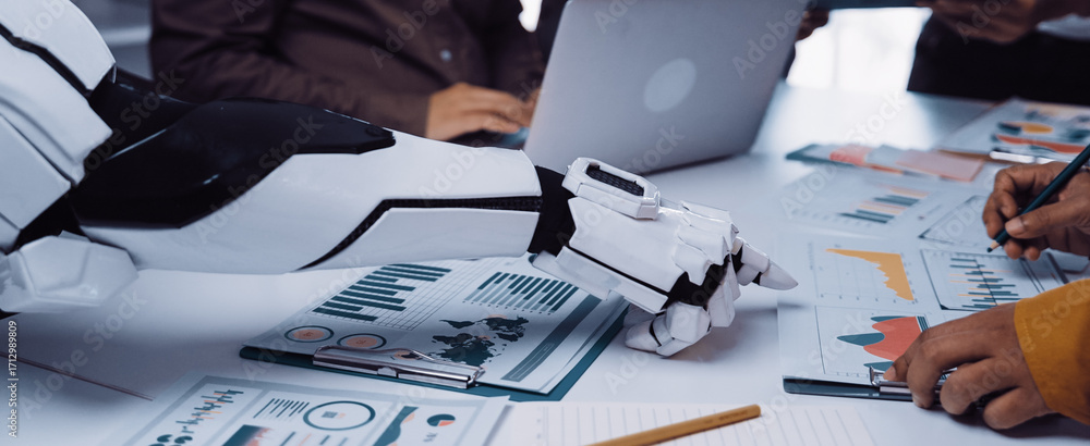 Poster a robotic arm interacts with human colleagues in a dynamic office setting, analyzing data and brains