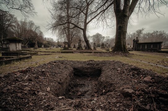 Fototapeta A newly excavated burial site lies vacant in a peaceful graveyard. Moist earth is heaped nearby, and the atmosphere is thick with stillness.