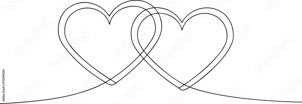 Poster two interlocking hearts drawn with a single continuous continous line art line love