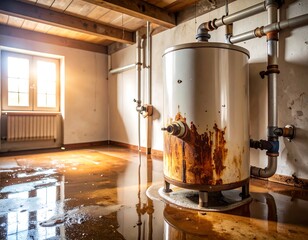 Rusty water heater in flooded basement