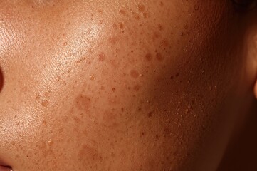Fototapeta premium Detailed view of skin showing freckles and moles, emphasizing natural texture and color variations.