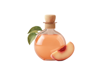 Peach-infused liquid in glass bottle with cork and leaf decoration, cut out