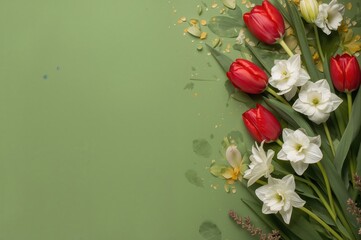 Fototapeta premium Stunning arrangement of crimson tulips and ivory daffodils against a lush green backdrop. Floral design with space for text, perfect for celebrations like Women's Day, Mother's Day, or anniversaries.