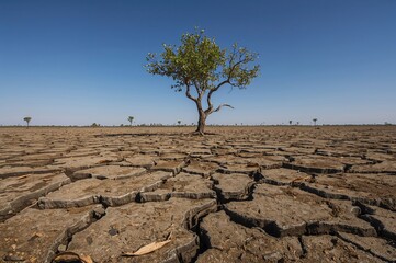 A lone tree thriving amid parched, fractured earth. The impact of climate change causing severe soil dehydration. Drought and water scarcity illustration.