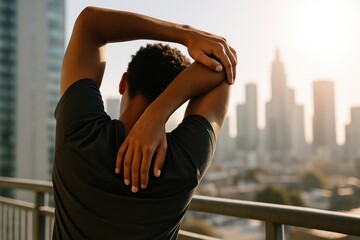Fototapeta premium A person stretches their arm on a balcony overlooking a city skyline at sunrise, embracing a healthy lifestyle and mindful morning routine.