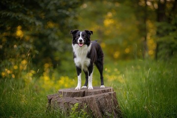 Canine perched atop a tree stump amidst a softly blurred background.