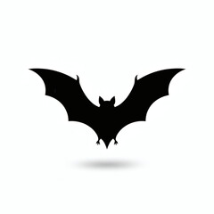 A black silhouette of a bat with outstretched wings. The bat appears to be in flight, showcasing its distinctive shape and features.