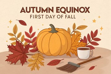 A charming, hand-drawn illustration for the Autumn Equinox and the first day of fall, featuring a pumpkin, colorful leaves, a cozy mug, and a broom.
 AI-generated.