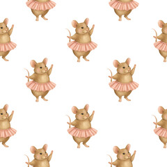 Seamless Pattern with Cute Mouse Ballerina,Children Transparent Background, Adorable Dancing Character Design for Kids Fabric, Nursery Decor, Wrapping Paper and Creative Projects