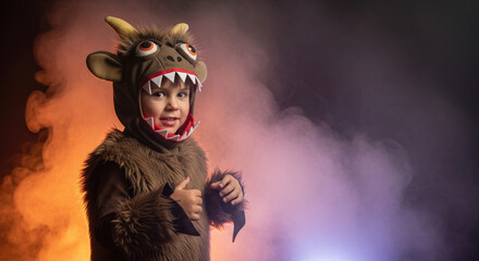 Cute monster costume for Halloween celebrations, featuring a little boy dressed in fluffy, brown monster costume. Halloween costume brings joy and excitement as child poses with thumbs up.