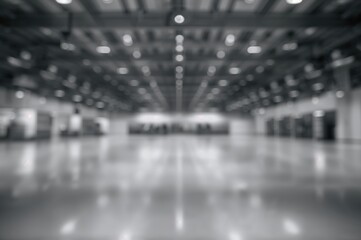 Spacious exhibition space with a gray, blurred backdrop, brightly lit by natural and artificial lighting, ideal for professional events.