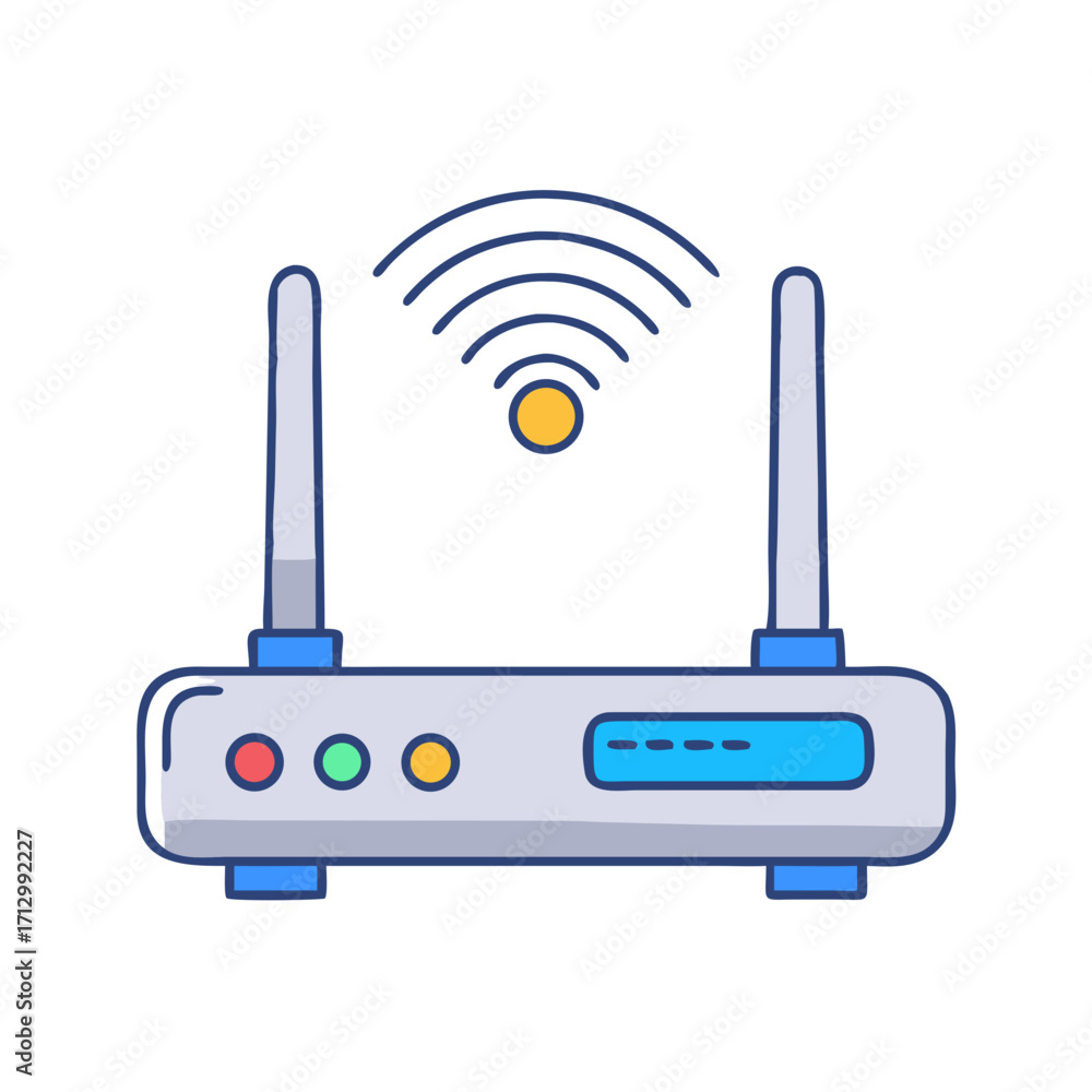Poster cartoon router with antennas emitting wireless network signal and indicator lights