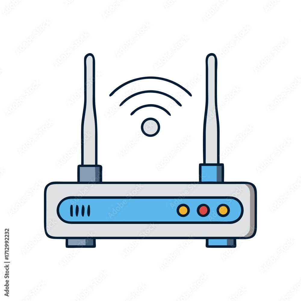 Poster Simple cartoon router broadcasting a WiFi signal with two antennas