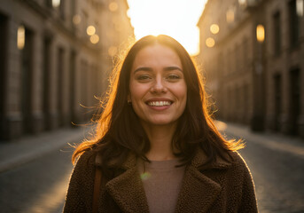 portrait of a young woman walking through the city