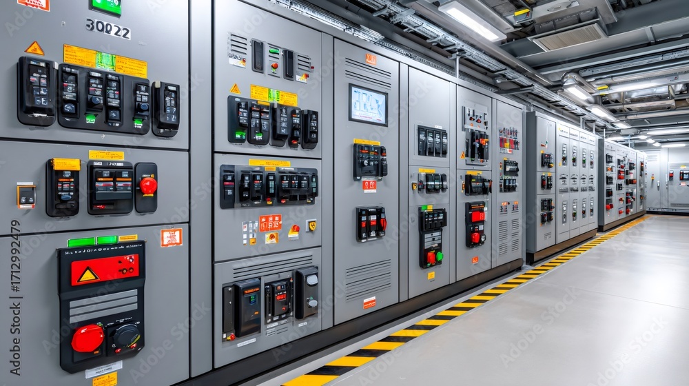 Poster modern electrical control room with multiple panels managing power distribution
