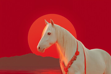 白馬と日の出のおめでたい情景