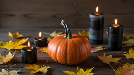 Festive autumn arrangement with a pumpkin candles and colorful maple leaves creating a cozy seasonal atmosphere on a wooden surface