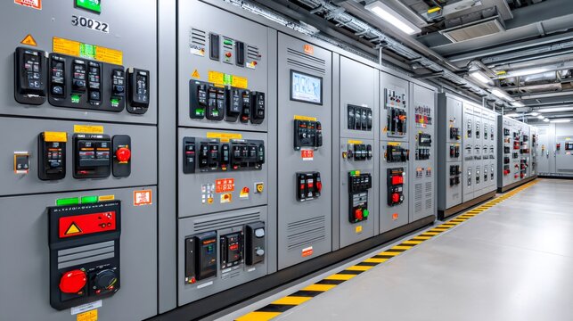 Modern electrical control room with multiple panels managing power distribution
