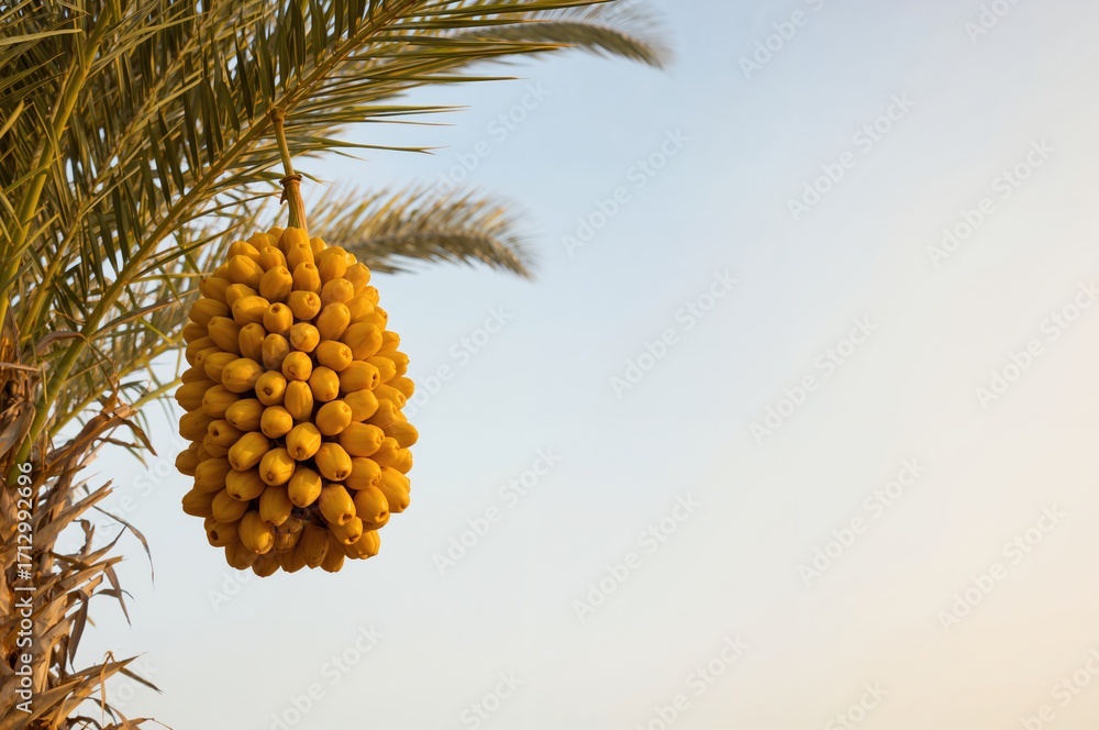 Poster cluster of ripe yellow dates on a palm tree