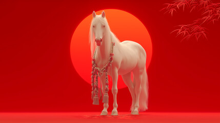 白馬と日の出のおめでたい情景